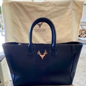 Taxidermy Mackie Tote - Black Leather Tote with Gold Deer Emblem & Python Skin